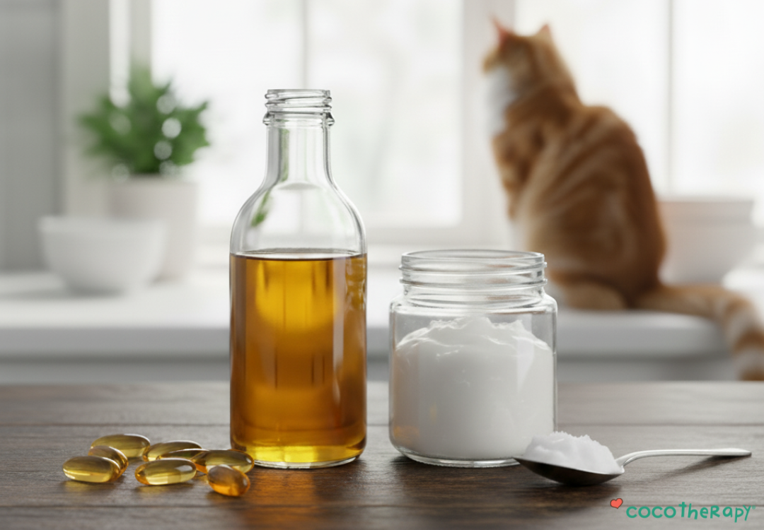 Bottle of fish oil and fish oil tablets, beside a bottle of coconut oil, with a teaspoon of coconut oil on a kitchen table. An orange tabby cat in the background.