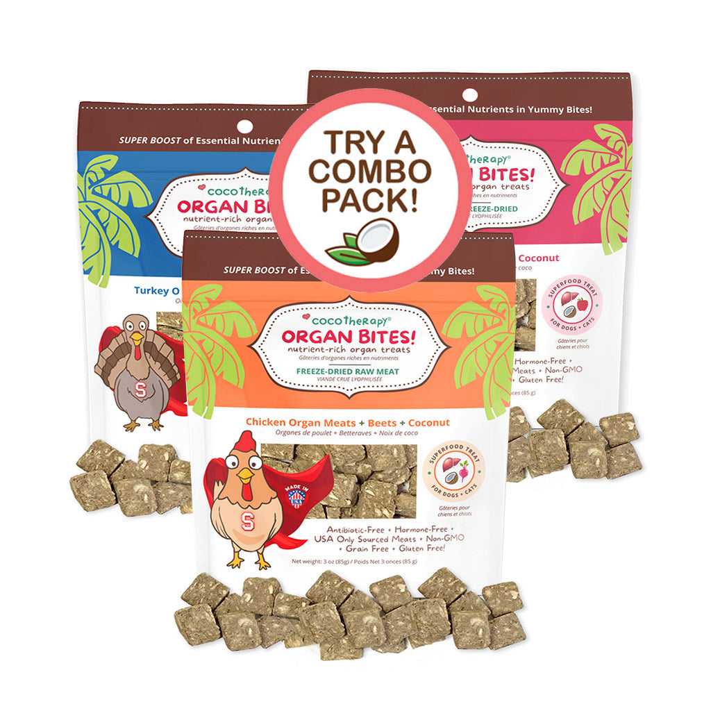 Organ Bites! Triple Treat Combo - Chicken + Pork + Turkey - Raw Organ Meat Treat for dogs and cats