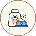 Jar with a paw print beside a steaming blue pet bowl