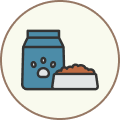 Bag of pet food beside a bowl