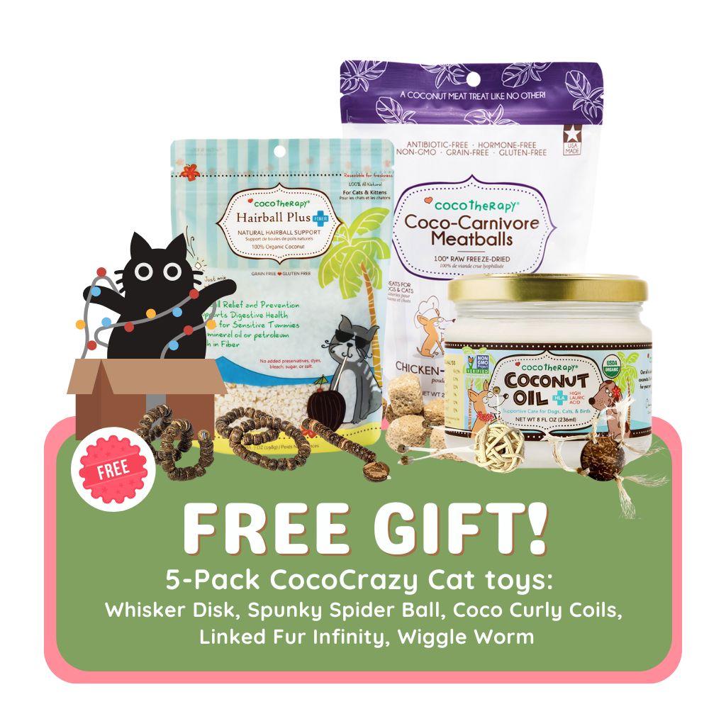 Spoiled Kitty Gift Pack - Coco-Carnivore Chicken Meatballs + Hairball Plus + 8 oz. Virgin Coconut Oil + FREE 5pk of Cat Toys ( $14.00 Value )