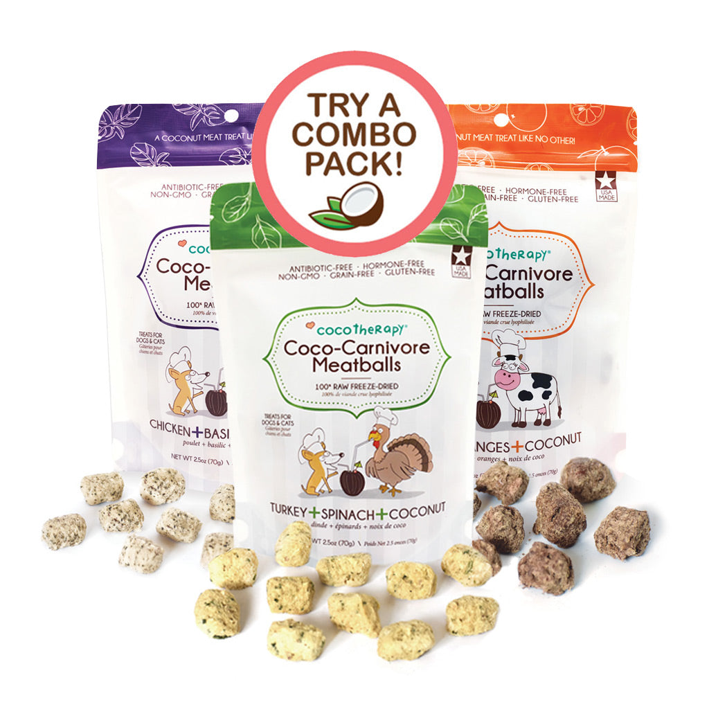Coco-Carnivore Meatballs Triple Treat - Beef + Chicken + Turkey Combo - Raw Meat Treat for dogs and cats